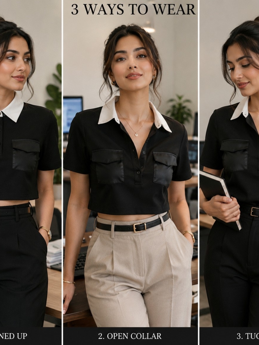 AKIRA Black Cropped Polo Top with White Collar